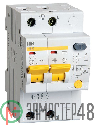 Выключатель автоматический дифференциального тока 2п C 40А 30мА тип AC 4.5кА АД-12 ИЭК MAD10-2-040-C-030