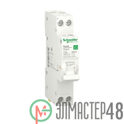 Выключатель автоматический дифференциального тока (ДИФ) RESI9 1P+N С 20А 6000А 30мА 18мм тип AC SchE R9D87620