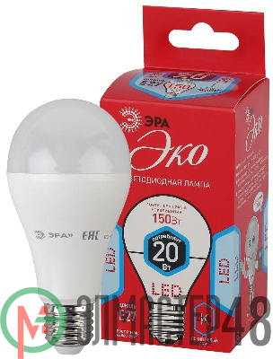 Лампа светодиодная ECO A65-20W-840-E27 (диод груша 20Вт нейтр E27) (10/100/1200) ЭРА Б0031710