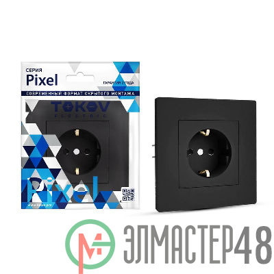 Розетка 1-м СП Pixel 16А IP20 с заземл. защ. шторки в сборе карбон TOKOV ELECTRIC TKE-PX-R1FZSF-C14