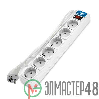 Удлинитель с сетевым фильтром 6х3м с заземл 10А IP20 2.2кВт ПВС 3х1 с выкл. бел. DOMTOK 2516