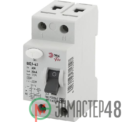 Выключатель дифференциального тока (УЗО) 1P+N 32А 30мА ВД1-63 Pro NO-902-27 ЭРА Б0031876