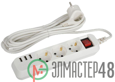 Удлинитель электрический U-3es-5m-USB с заземлением с выключателем 3 розетки+ 3xUSBA 5м 10А Эра Б0052902