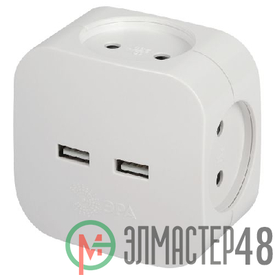 Разветвитель электрический SP-4-USB-W на 4 розетки 220В+ 2xUSB 2400мА без заземл 10А бел. Эра Б0049532
