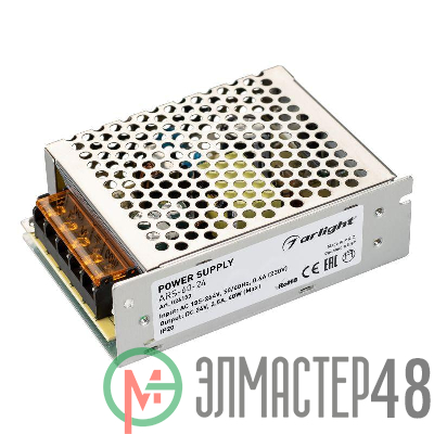 Блок питания ARS-60-24 24В 2.5А 60Вт IP20 сетка 2 года Arlight 026153