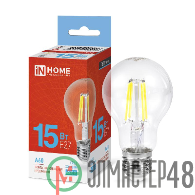 Лампа светодиодная филаментная LED-A60-deco грушевидная прозрачная 15Вт 230В E27 6500К 1480лм IN HOME 4690612055916