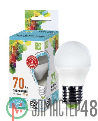 Лампа светодиодная LED-ШАР-standard 7.5Вт ШАР 4000К бел. E27 675лм 160-260В ASD 4690612003993