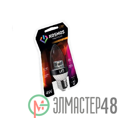 Лампа светодиодная KOSMOS premium 4Вт свеча прозрачная E27 230В 3000К Космос KLED4wCN230vE2727CL