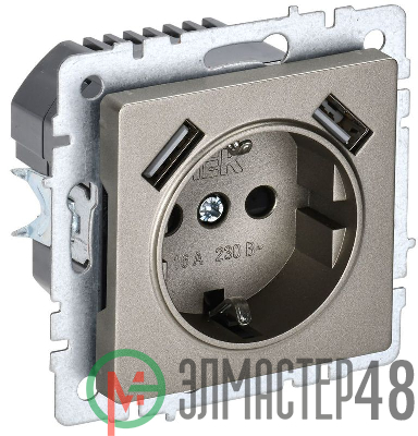 Розетка BRITE РЮш10-2-БрШ 16А с USB A+A 3.1А с заземл. защ. шторки шампань IEK BR-R14-16-U21-D31-K37