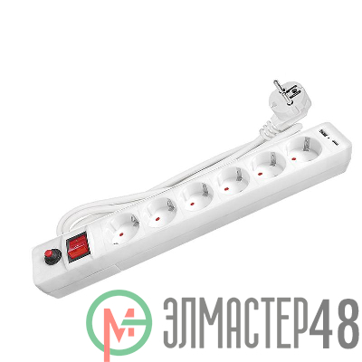 Удлинитель с сетевым фильтром 6х1.8м с заземл. 10А IP20 2.2кВт USB type-A + type-C ПВС 3х0.75 с выкл. бел. UNIVersal 2543