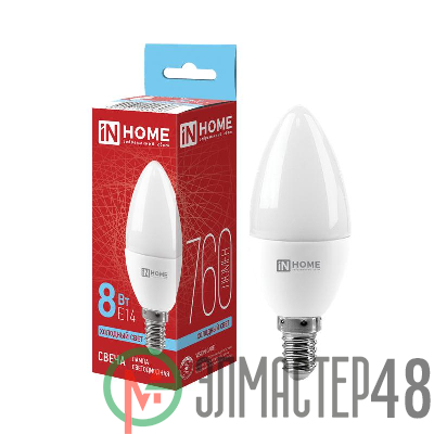 Лампа светодиодная LED-СВЕЧА-VC 8Вт 230В E14 6500К 600лм IN HOME 4690612024806