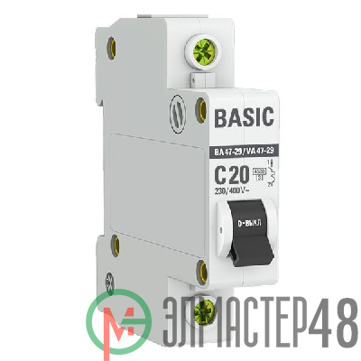 Выключатель автоматический модульный 1п C 20А 4.5кА ВА 47-29 Basic EKF mcb4729-1-20C