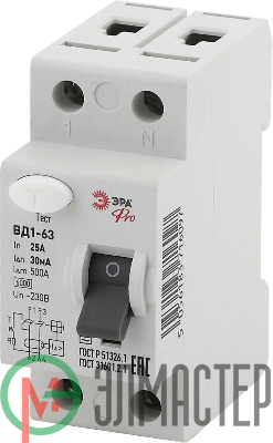 Выключатель дифференциального тока (УЗО) 1P+N 63А 100мА ВД1-63 Pro NO-902-31 ЭРА Б0031878