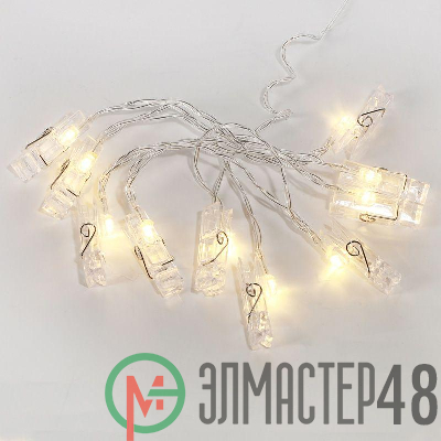 Гирлянда светодиодная "Прищепки" 1.5м 10LED тепл. бел. провод ПВХ бел. прозр. элементы питания 2хAA (не в компл.) Neon-Night 304-005