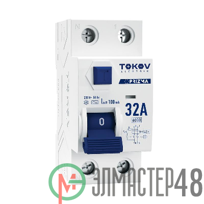 Выключатель дифференциального тока (УЗО) 2П (1P+N) 32А 100мА тип AC 6кА TOKOV Electric TKE-PZ60-RCDM-2-32-100-AC