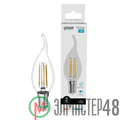 Лампа светодиодная филаментная Filament Elementary 12Вт свеча на ветру 4100К Е14 750лм GAUSS 42122