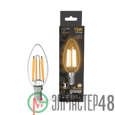 Лампа светодиодная филаментная Black Filament 13Вт свеча 2700К тепл. бел. E14 1100лм GAUSS 103801113