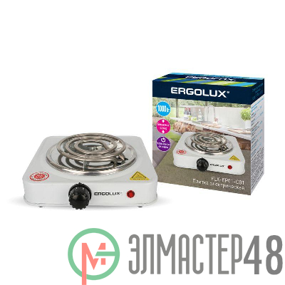 Электроплитка ELX-EP01-C01 1 конф. спиральный нагр. эл. 1000Вт 220-240В бел. Ergolux 13436