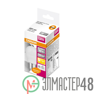 Лампа светодиодная LED STAR CLASSIC P 60 6.5W/830 6.5Вт шар 3000К тепл. бел. E27 550лм 220-240В матов. пласт. OSRAM 4058075134355