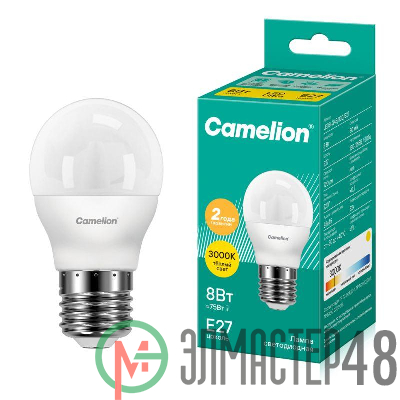 Лампа светодиодная LED8-G45/830/E27 8Вт шар 3000К тепл. бел. E27 720лм 170-265В Camelion 12392