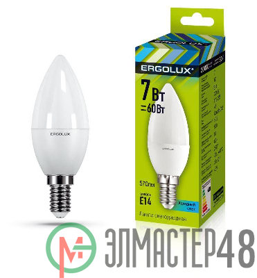 Лампа светодиодная LED-C35-7W-E14-3000K "Свеча" 172-265В Ergolux 12134