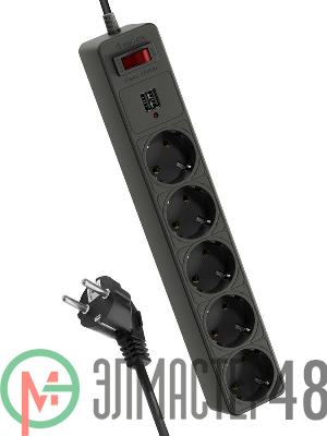 Удлинитель с сетевым фильтром 5х3м с заземл. 10А IP20 2.2кВт 2хUSB 3х0.75 с предохранителем КОСМОС FKsm3m-5g(B)USB