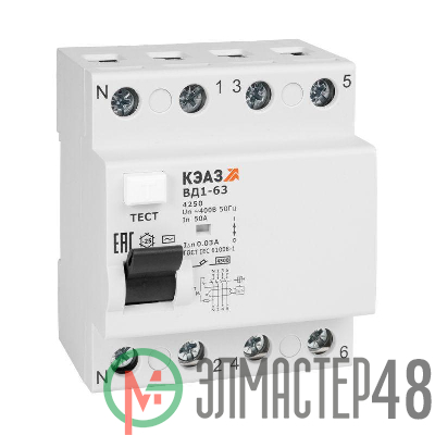 Выключатель дифференциального тока (УЗО) 4п 25А 30мА тип AC ВД1-63 4225 УХЛ4 КЭАЗ 221947