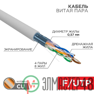 Кабель витая пара F/UTP кат.6 4х2х0.57 23AWG solid ZH нг(А)-HF INDOOR CU сер. (305м) Rexant 01-0167