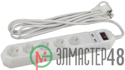 Удлинитель с сетевым фильтром 5х1.5м USF-5es-1.5m-USB-W с заземл с выкл. ПВС 3х0.75 5гн+2USB бел. ЭРА Б0019037