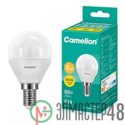 Лампа светодиодная LED8-G45/830/E14 8Вт шар 3000К тепл. бел. E14 720лм 170-265В Camelion 12391