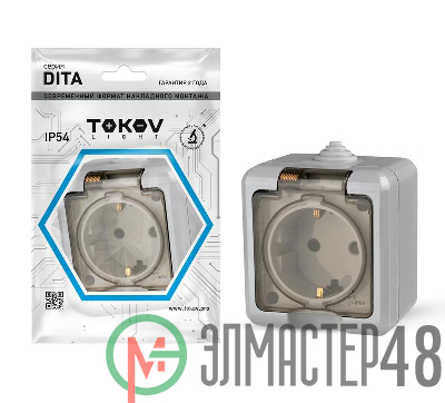 Розетка 1-м ОП Dita 16А IP54 250В с заземл. с прозрачн. крышкой сер. TOKOV LIGHT TKL-DT-R1Z-C06T-IP54