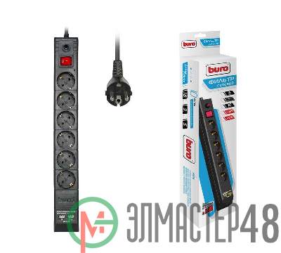 Удлинитель с сетевым фильтром 6х1.8м с заземл. 10А IP20 BU-SP1.8_USB_2A CCA 3х0.75 2USB черн. BURO 992310