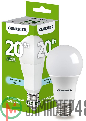 Лампа светодиодная A60 20Вт грушевидная 6500К E27 230В GENERICA LL-A60-20-230-65-E27-G