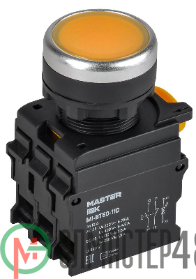 Кнопка d22мм 1НО+1НЗ MASTER с подсветкой желт. IEK MI-BT60-11D-3-12-K05