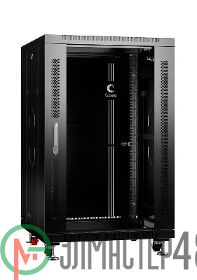 Шкаф монтажный телекоммуникационный напольный SH-05C-18U60/80-BK 19дюйм для распред. и серверн. оборудования 18U 600х800х988мм передн. стеклян. и задн. сплошн. метал. двери ручка с замком черн. (RAL 9004) Cabeus 8571c