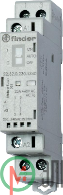 Контактор модульный 2NO 25А AgNi 230В AC/DC 17.5мм IP20 опции: переключатель Авто-Вкл-Выкл + мех. индикатор + LED FINDER 223202301340
