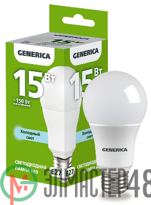 Лампа светодиодная A60 15Вт грушевидная 6500К E27 230В GENERICA LL-A60-15-230-65-E27-G