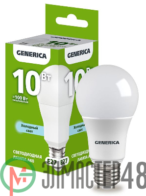 Лампа светодиодная A60 10Вт грушевидная 6500К E27 230В GENERICA LL-A60-10-230-65-E27-G