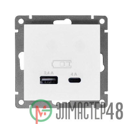 Розетка 2-м USB СП Афина тип А+С 5В 1х2.4А 2х4А механизм бел. Universal А0059