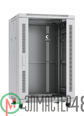 Шкаф монтажный телекоммуникационный напольный SH-05C-18U60/80 19дюйм 18U 600х800х988мм для распределит. и серверн. оборудования передн. стеклян. и задн. сплошн. метал. двери ручка с замком сер. RAL 7035 Cabeus 7048c