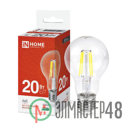 Лампа светодиодная филаментная LED-A60-deco грушевидная прозрачная 20Вт 230В E27 4000К 1890лм IN HOME 4690612055923
